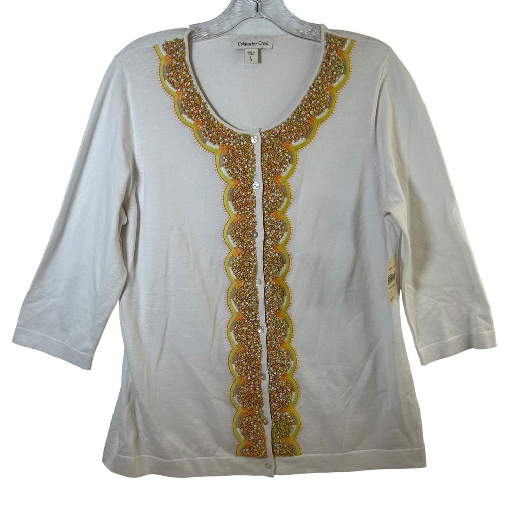 Coldwater Creek Tres Jolie Cardigan White Embroidered Scallop Large 14 - Picture 2 of 11